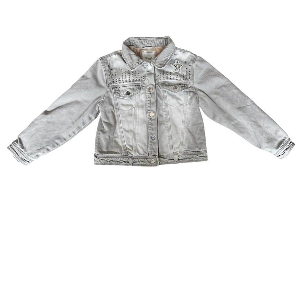 Mayoral Girl Studded Star Denim Jacket Faux Fur Lined Gray Size 7 Boho Western